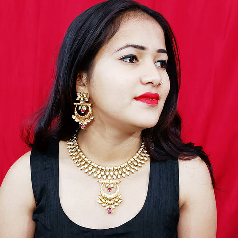 Designer White & Red Kundan Necklace with Earrings (D187)