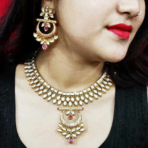 Designer White & Red Kundan Necklace with Earrings (D187)