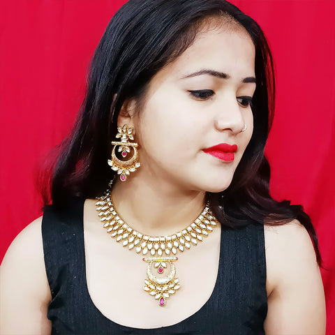 Designer White & Red Kundan Necklace with Earrings (D187)
