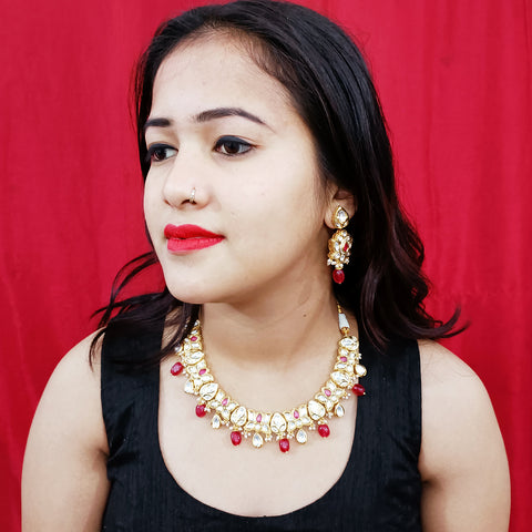 Designer Single Layer White & Red Kundan Necklace in Floral Design with Earrings (D209)