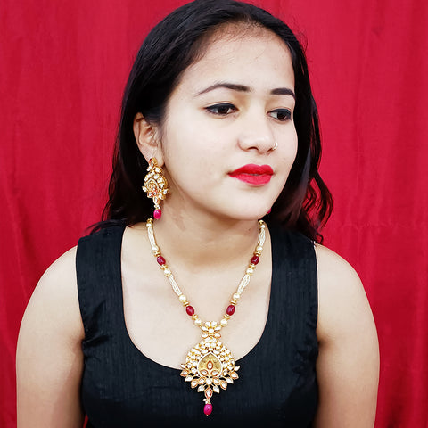 Designer White Kundan Long Necklace with Earrings (D182)
