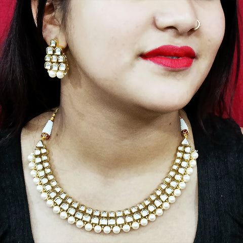 Designer Two Layer White Kundan Necklace with Earrings (D202)