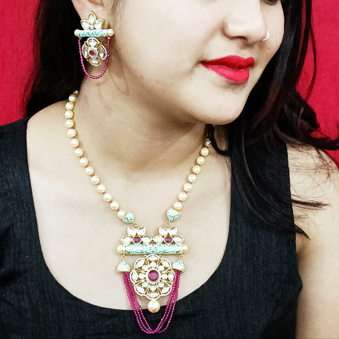 Designer White Kundan & Ruby Long Necklace with Earrings (D184)