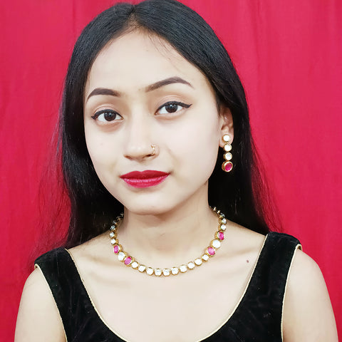 Designer Single Layer White & Red Kundan Necklace with Earrings (D200)