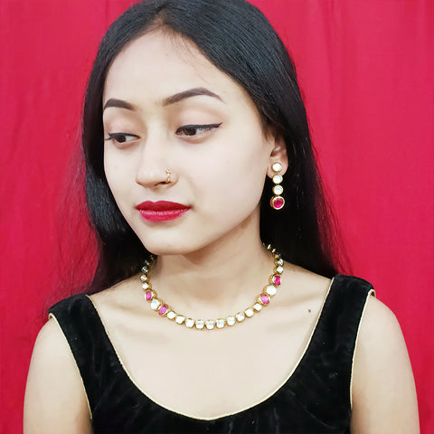 Designer Single Layer White & Red Kundan Necklace with Earrings (D200)