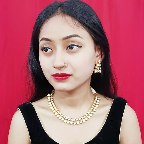 Designer Two Layer White Kundan Necklace with Earrings (D181)