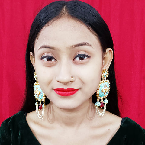 Gold Plated Beautifully White,& Red Beaded Kundan Earrings (E314)