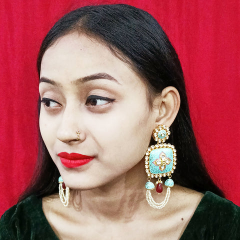 Gold Plated Beautifully White,& Red Beaded Kundan Earrings (E314)