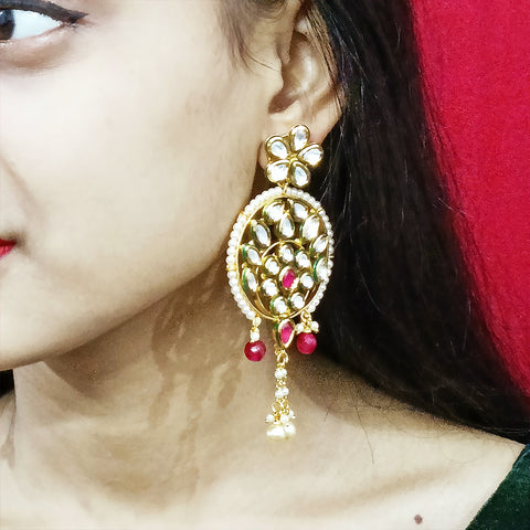Gold Plated Beautifully White & Red Beaded Kundan Earrings (E302)