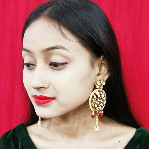 Gold Plated Beautifully White & Red Beaded Kundan Earrings (E302)