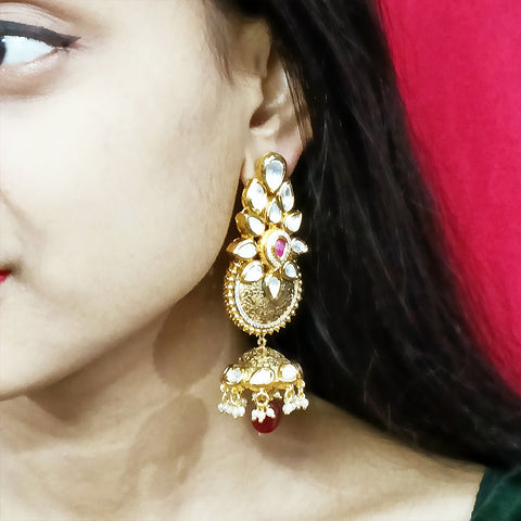 Gold Plated Beautifully White & Red Beaded Kundan Earrings (E305)