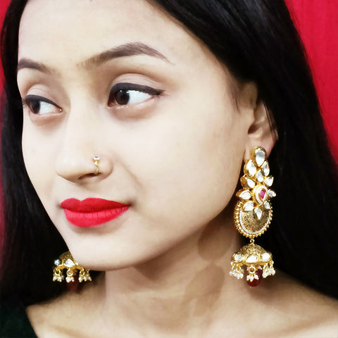 Gold Plated Beautifully White & Red Beaded Kundan Earrings (E305)