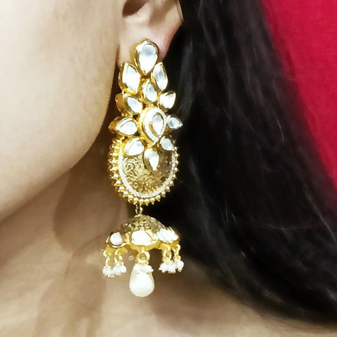 Gold Plated Beautifully White Beaded Kundan Earrings (E304)