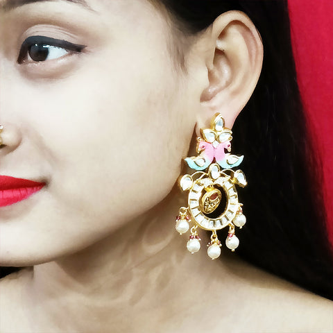 Gold Plated Beautifully White & Red Beaded Kundan Earrings (E308)