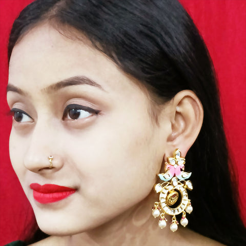 Gold Plated Beautifully White & Red Beaded Kundan Earrings (E308)