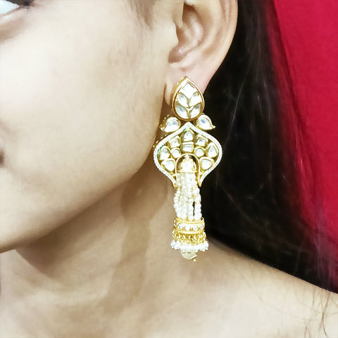 Gold Plated Beautifully White Beaded Kundan Earrings (E310)