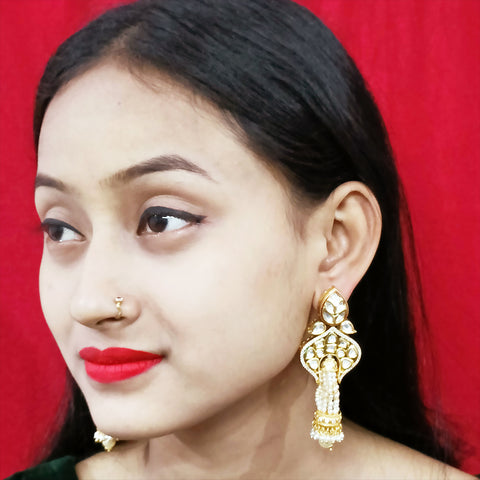 Gold Plated Beautifully White Beaded Kundan Earrings (E310)