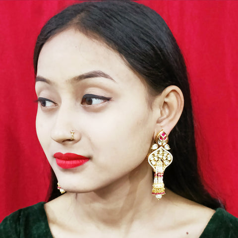 Gold Plated Beautifully White & Red Beaded Kundan Earrings (E309)