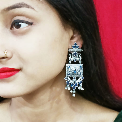 Traditional Style Oxidized Earrings with Semi-Precious Stones for Casual Party (E324)