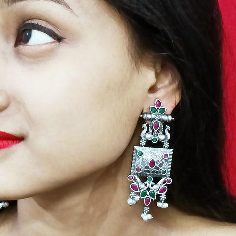 Traditional Style Oxidized Earrings with Semi-Precious Stones for Casual Party (E323)