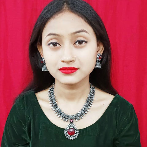 Designer Silver Oxidized & Red Beaded Necklace & Earrings Set (D216)