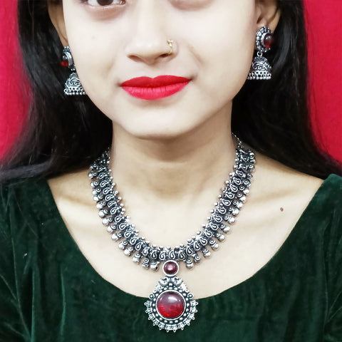 Designer Silver Oxidized & Red Beaded Necklace & Earrings Set (D216)