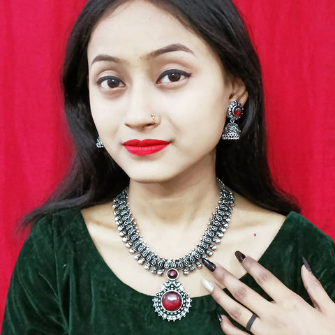 Designer Silver Oxidized & Red Beaded Necklace & Earrings Set (D216)