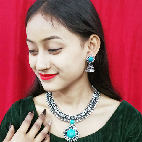 Designer Silver Oxidized & Green Beaded Necklace & Earrings Set (D217)