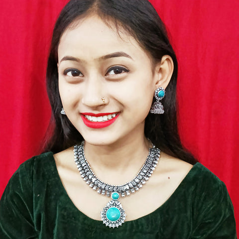 Designer Silver Oxidized & Green Beaded Necklace & Earrings Set (D217)