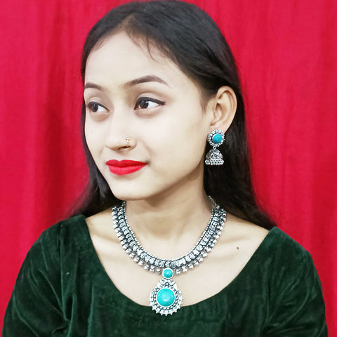 Designer Silver Oxidized & Green Beaded Necklace & Earrings Set (D217)