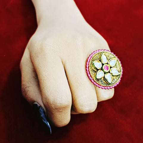 Designer Gold Plated White & Red Kundan Beaded Ring (Design 80)