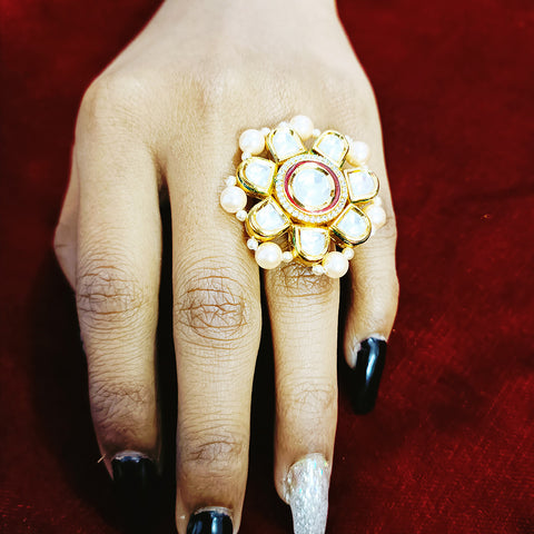 Designer Gold Plated Kundan Beaded Ring (Design 78)