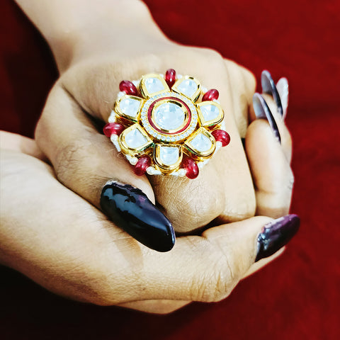 Designer Gold Plated Kundan Beaded Ring (Design 77)