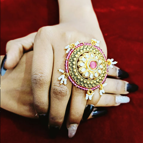 Designer Gold Plated White & Red Kundan Beaded Ring (Design 79)
