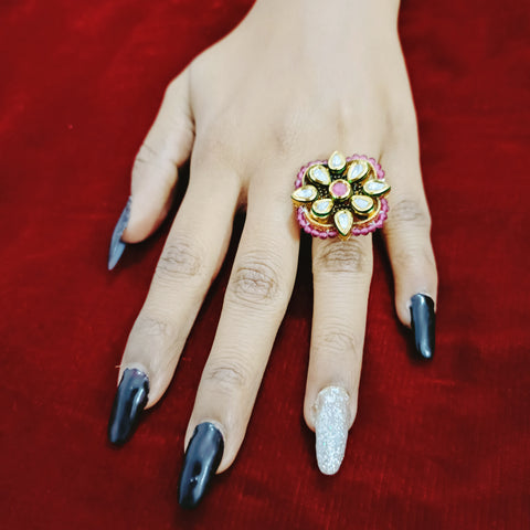 Designer Gold Plated White & Red Kundan Beaded Ring (Design 84)