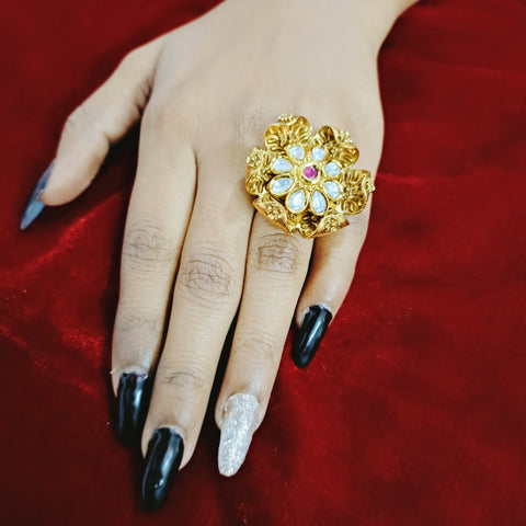 Designer Gold Plated White & Red Kundan Beaded Oxidized Ring (Design 89)