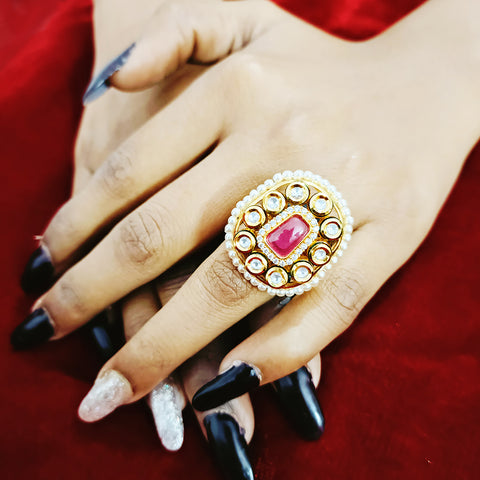 Designer Gold Plated White & Red Kundan Beaded Ring (Design 83)