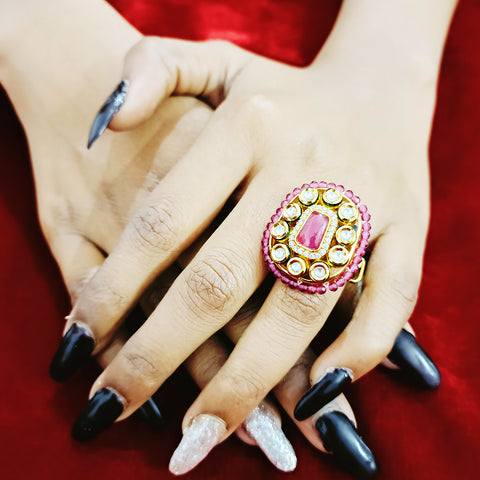 Designer Gold Plated Kundan Beaded Ring