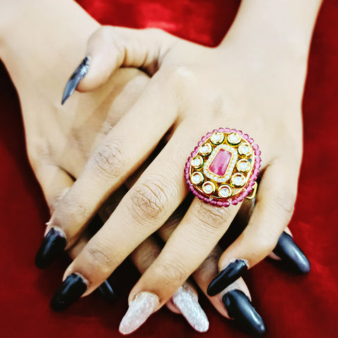Designer Gold Plated White & Red Kundan Beaded Ring (Design 82)