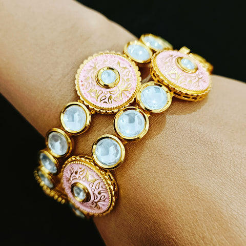Gold Plated Kundan & Meena Work Openable Bracelet (Design 78)