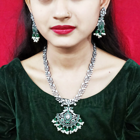 Designer Silver Oxidized & Green Beaded Necklace & Earrings Set (D226)