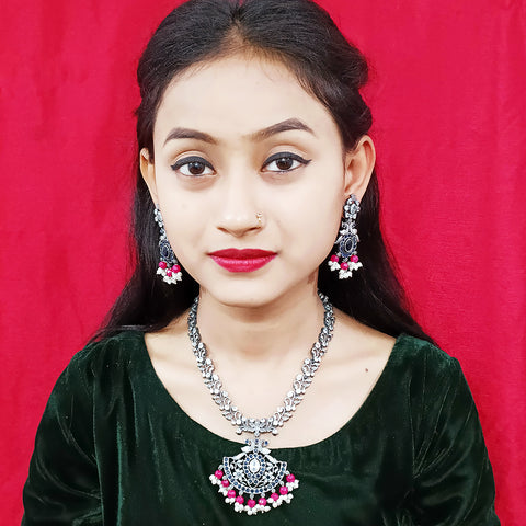 Designer Silver Oxidized & Red Beaded Necklace & Earrings Set (D229)