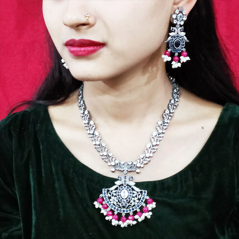 Designer Silver Oxidized & Red Beaded Necklace & Earrings Set (D229)