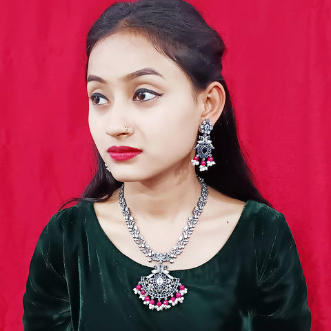 Designer Silver Oxidized & Red Beaded Necklace & Earrings Set (D229)