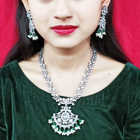 Designer Silver Oxidized & Green Beaded Necklace & Earrings Set (D227)