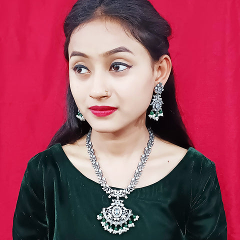 Designer Silver Oxidized & Green Beaded Necklace & Earrings Set (D227)