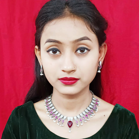Designer Silver Oxidized & Red Beaded Necklace & Earrings Set (D225)