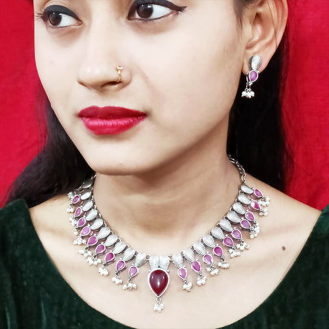 Designer Silver Oxidized & Red Beaded Necklace & Earrings Set (D225)