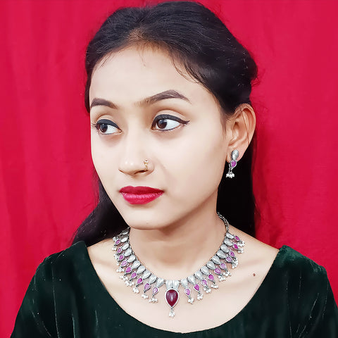 Designer Silver Oxidized & Red Beaded Necklace & Earrings Set (D225)