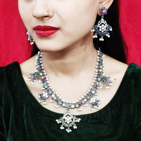Designer Silver Oxidized & Multicolor Beaded Necklace & Earrings Set (D230)